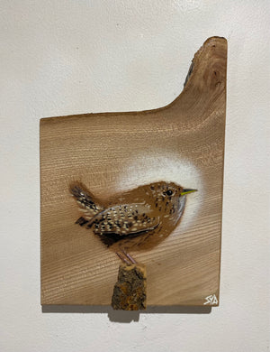 Wren 2023 on unique Elm wood - signed limited edition artwork - 15 x 23cm