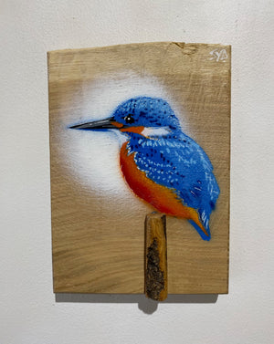 'Kingfisher 2023' on Oak wood - Limited Edition Signed artwork size 13 x 19cm - No.100