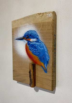 'Kingfisher 2023' on Oak wood - Limited Edition Signed artwork size 13 x 19cm - No.100