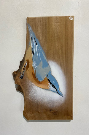 Nuthatch on rare Elm wood - Signed Limited Edition with detail on left side - size 13 x 27cm