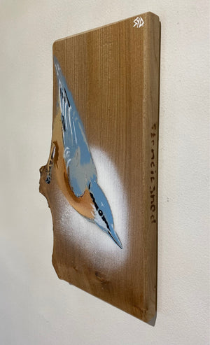 Nuthatch on rare Elm wood - Signed Limited Edition with detail on left side - size 13 x 27cm