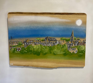 Malmesbury landscape on Oak - unique piece on sustainably sourced wood  - artwork size  60 x 45cm