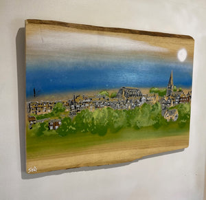 Malmesbury landscape on Oak - unique piece on sustainably sourced wood  - artwork size  60 x 45cm