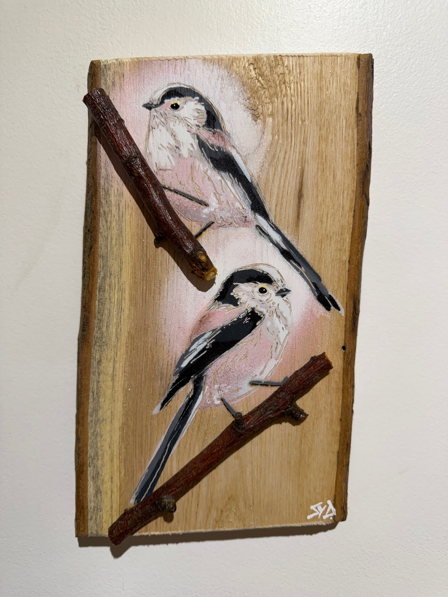 Long Tailed Tits 2026 - Number 9 - Ash Wood - 28 x 18cm - Handmade Stencil Art with 3D branches