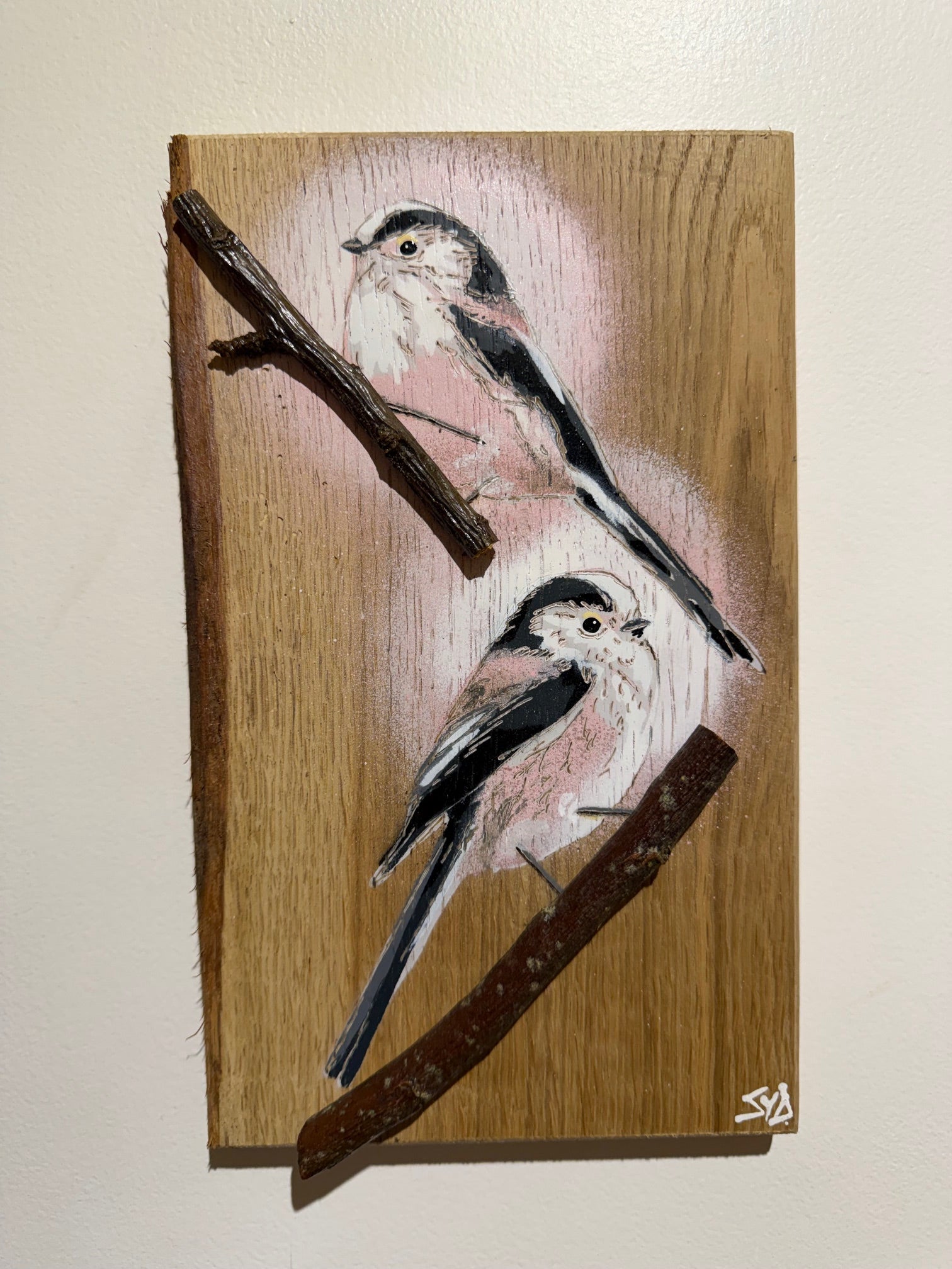 Long Tailed Tits 2026 - Number 8 - Oak Wood - approx 28 x 20cm - Handmade Stencil Art with 3d branch