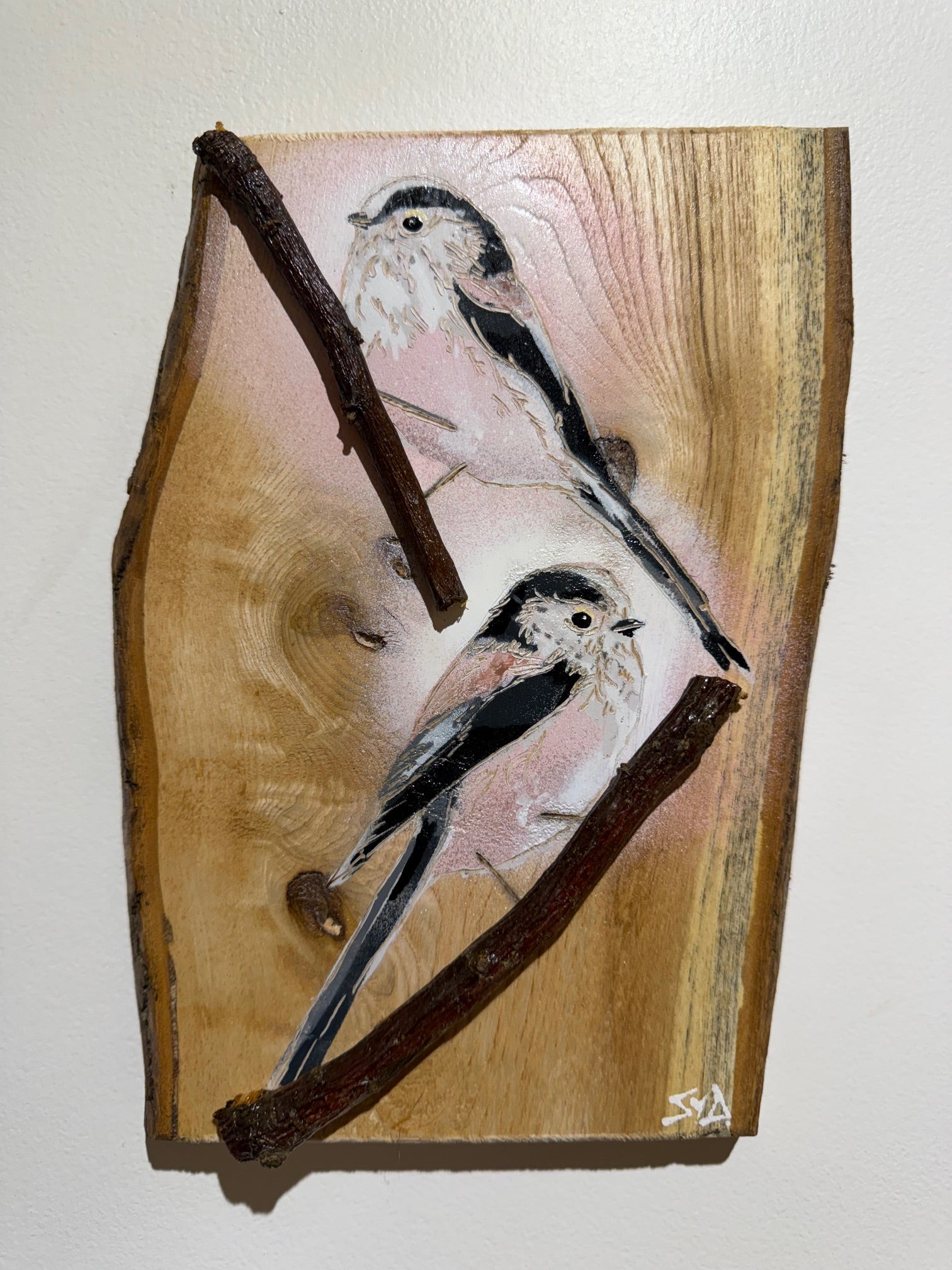 Long Tailed Tits 2026 - Number 10 - Ash Wood - approx size 28 x 18cm - Handmade Stencil Art  with 3D branch
