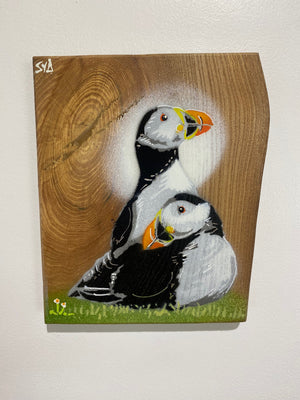 Pufflings For Life - Puffin artwork on Elm wood Signed Limited Edition - size 17x 20cm