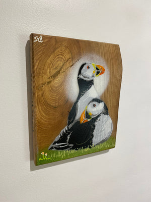 Pufflings For Life - Puffin artwork on Elm wood Signed Limited Edition - size 17x 20cm