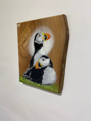 Pufflings For Life - Puffin artwork on Elm wood Signed Limited Edition - size 17x 20cm