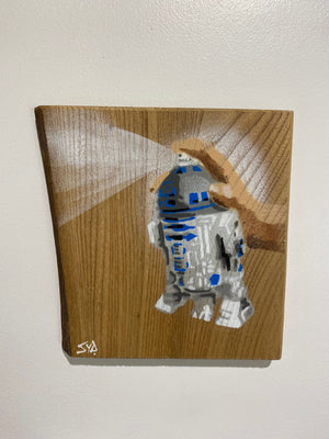 R2 Spray Can artwork on Elm - Most popular limited edition piece size 18 x 19cm