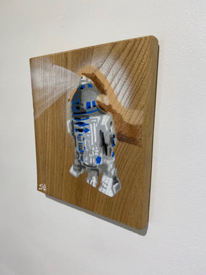 R2 Spray Can artwork on Elm - Most popular limited edition piece size 18 x 19cm