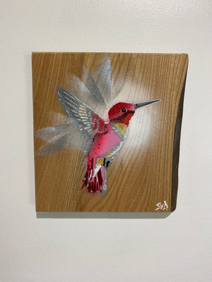 'Pink' Hummingbird on Elm wood - Signed limited edition artwork size 17 x 18cm