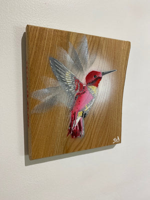 'Pink' Hummingbird on Elm wood - Signed limited edition artwork size 17 x 18cm