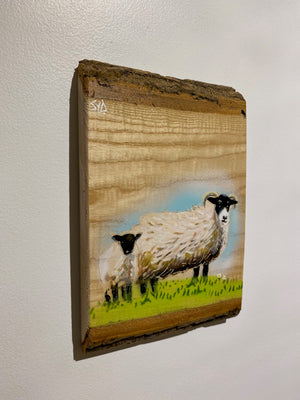 Sheep Stencil Artwork on Barky Ash wood - Limited Edition, signed art - size 17 x 26cm - No. 1 from edition of 25