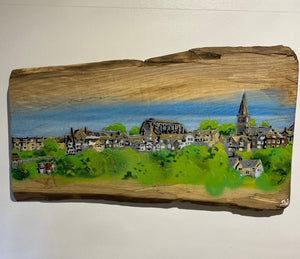 Malmesbury landscape on Elm - unique piece on sustainably sourced wood  - artwork size  60 x 35cm