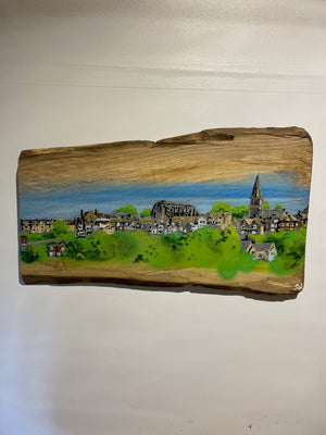 Malmesbury landscape on Elm - unique piece on sustainably sourced wood  - artwork size  60 x 35cm