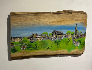 Malmesbury landscape on Elm - unique piece on sustainably sourced wood  - artwork size  60 x 35cm