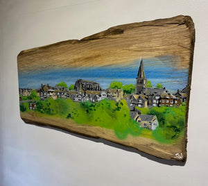 Malmesbury landscape on Elm - unique piece on sustainably sourced wood  - artwork size  60 x 35cm