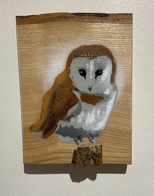 'Night Owl' artwork on barky ash wood created in 2020 with 3D stump - Barn Owl piece size 13 x 16cm