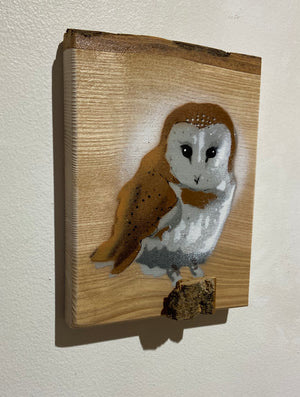 'Night Owl' artwork on barky ash wood created in 2020 with 3D stump - Barn Owl piece size 13 x 16cm