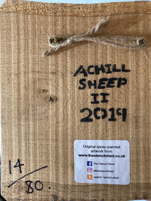 Achill Sheep Stencil Picture on Elm wood - Limited Edition handmade art size 22 x 12cm - Signed by Syd