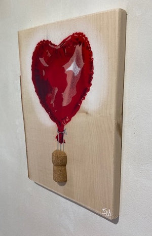 Loved Up - Heart Air Balloon - New for 2023 - no. 34 in edition - size 22 x 29cm with 3D cork and bark detail.