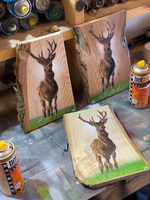 Solid Stag artwork design on Elm wood - 14 x 30cm Signed Artist's Choice