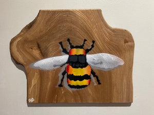 Bee XL on unique piece of Elm  - Spray painted stencil artwork  - Signed Limited Edition  - 34 x 26cm