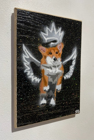 ''Corgi'' limited edition special sparkle artwork on Oak wood from the UK - Number 70 - 14 x 20cm