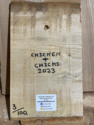 Chicken & Chicks 2023 - Number 3 in edition , barky ash wood - 17 x 32cm